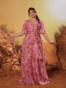 Magicy 大码 V 领不对称交叉短袖系带多层浪漫印花连衣裙带荷叶边饰伴娘礼服 - 粉色 - 查看 1