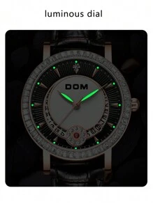 DOM 1pc Women's Rhinestone Moon & Date Luminous Dot Dial Brown Leather Band Elegant Fashion Waterproof Quartz Watch, Suitable For Daily Wear And Gifting - Brown - View 8