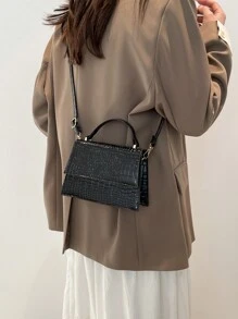 时尚纯色手提包压纹鳄鱼纹漆皮休闲翻盖小方包手提休闲通勤包春夏新款单肩斜跨包女 - 黑色 - 查看 5