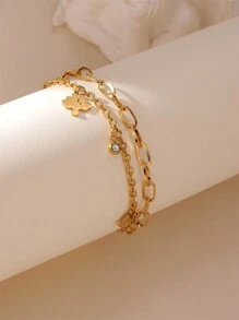 MESTILO 1 pieza Pulsera de acero inoxidable de 18K con árbol de la suerte con circonita cúbica, multicapa, de moda, adecuada para el uso diario de las mujeres