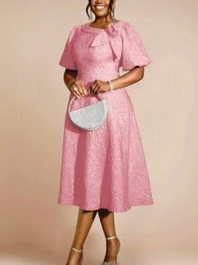 Women's Jacquard Commuter Embossed Elegant 3D Floral Puff Sleeve A-Line Dress, Suitable For Cocktail Party, Graduation Ceremony, Birthday, Wedding Guest, Prom, Evening Party, Homecoming And Other Occasions - Pink - View 1