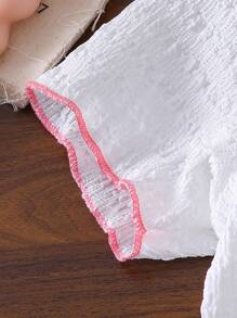 2pcs/Set Young Girl Casual Cute Pink Ruffle Sleeve Top + Fashionable Flared Pants Set - White - View 4