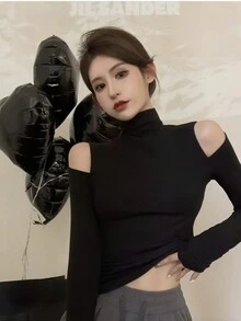 高领镂空肩针织T恤，女士修身长袖汗衫，秋冬季 - 黑色 - 查看 7