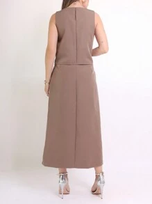 TAILORING SET OF BLOUSE AND MIDI SKIRT - Mocha Brown - View 4