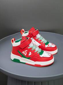 1 Paar Kinder High Top Sneaker, PU Leder Sportschuh, Indoor Outdoor Lässig Laufschuh, leicht an- und ausziehbar mit Klettverschluss, leicht, rutschfest, atmungsaktiv, bequem, modischer unisex Retro Stil - Rot - Übersicht 5