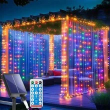 Solar Curtain Lights Outdoor 300LED Waterfall Light With 8 Modes Remote Dimmable Timer Twinkle Fairy String Lights Adjustable Brightness For Outdoor Christmas Gazebo Wedding Pergola - Colored Light - View 2