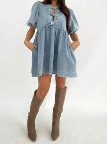Beauace Women Tie Front Denim Dress Round Neck Puff Sleeve A-Line Mini Jean Dress With Pockets - Dark Wash - View 3