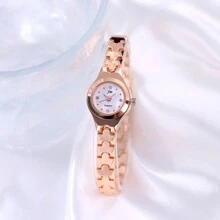 jw 1 Pieza Reloj de mujer Premium de color rosa, dulce y delicado, con caja de aleación redonda, esfera de moda con escala de cristales, reloj de cuarzo elegante, fácil de llevar, adecuado para decoración diaria, regalo de vuelta al colegio para estudiantes