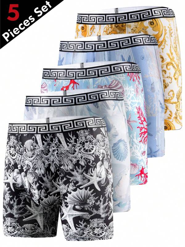 Set de 5 calzoncillos tipo bóxer largos para hombre, diseño talla grande reciente de 2024, de material ligero y con estampado impreso