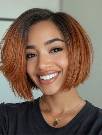 Ombre Ginger Short Bob Wigs Straight Hair Wig Side Part Bowl Cut Cosplay Wig Heat Resistant Natural Looking Synthetic Full Wigs For Women(Ginger Orange)
