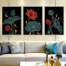 3pcs Frameless Abstract Golden Lotus Flower And Leaves Canvas Art Prints, Modern Non-Framed Wall Art For Living Room Decor Gifts Birthday Graduation