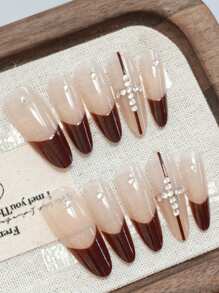 10 stuks Full Cover Almond Tip French Manicure Nageltips, Glanzend, Verwijderbaar, Balletstijl, Verlengende Vingers, Mode Nail Art Decor Accessoires Voor Feesten, Evenementen, Dagelijks Gebruik, Met 1 st Nagelvijl En 1 st Gel Buffer Press On Nails