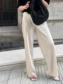 Women's Casual Wide Leg Dress Pants Elastic Waist Solid Color Satin Pants Work Trousers - 杏色 - 查看 4