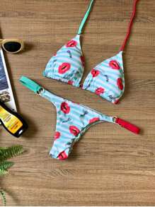 Biquíni Cortininha Com Bojo Estampa Boquinha com Calcinha de Fita na Lateral