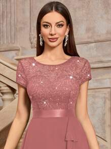 MIUSOL Sequin Floral Lace Contrast Color Chiffon Short Sleeve Ruffle Hem Maxi Evening Dress - Dusty Pink - View 8