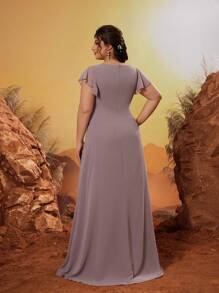 Mgiacy V-Neck Handmade Pleat Mid-Calf Backless Tie Elegant Dignified Bridesmaid Dress - Dusty Pink - View 2