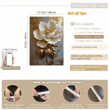 1 pieza, Pintura colgante de lienzo, Pintura decorativa enmarcada, Póster, Arte de pintura de óleo floral blanca elegante con hojas doradas - Decoración de pared abstracta moderna para sala de estar, dormitorio, oficina, etc. - Pintura al óleo enmarcada en HD, regalo perfecto para Halloween, Acción de Gracias, Navidad, decoración de habitaciones, pasillo, cafetería, biblioteca, baño