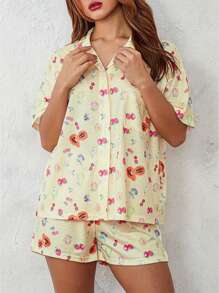 Women 2 Piece Pajamas Set Short Sleeve Floral Print Button Shirt Tops Shorts - Màu vàng - Xem 3