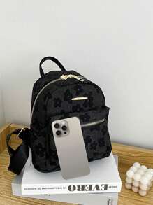 Fashionable Floral Print Black Backpack For Teens, Double Zipper Design, Suitable For Daily Use