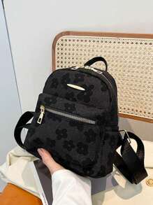 Fashionable Floral Print Black Backpack For Teens, Double Zipper Design, Suitable For Daily Use