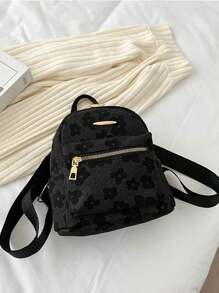 Fashionable Floral Print Black Backpack For Teens, Double Zipper Design, Suitable For Daily Use