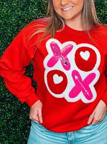 Womens Valentines Day Sweatshirts Long Sleeve Round Neck Letter Patchwork Pullovers Oversized Tops