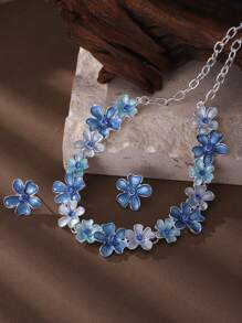 SophiaXuan 1 Set 2 Stücke Schmuckset im Boho-Stil, elegant, schlicht, niedlich, aus blau emaillierter Zinklegierung mit Blumenmotiv, bestehend aus Halskette und Ohrringen, geeignet für den täglichen Gebrauch von Frauen, Partys, Valentinstag Geschenk - Geometrie - Übersicht 2