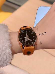 1 件复古埃菲尔铁塔表盘罗马数字石英手表男女皆宜 - 黃色 - 查看 2