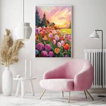 1 pieza Póster de arte mural botánico, Pintura al óleo del campo de tulipanes rosados, Impresión de lienzo del paisaje del atardecer y el ocaso colorido, Pintura de acuarela y óleo floral y de plantas, Decoración mural sin marco, Decoración de habitación, Impresiones de arte mural en lienzo, Decoración de primavera y dormitorio