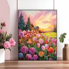 1 pieza Póster de arte mural botánico, Pintura al óleo del campo de tulipanes rosados, Impresión de lienzo del paisaje del atardecer y el ocaso colorido, Pintura de acuarela y óleo floral y de plantas, Decoración mural sin marco, Decoración de habitación, Impresiones de arte mural en lienzo, Decoración de primavera y dormitorio