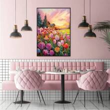 1 pieza Póster de arte mural botánico, Pintura al óleo del campo de tulipanes rosados, Impresión de lienzo del paisaje del atardecer y el ocaso colorido, Pintura de acuarela y óleo floral y de plantas, Decoración mural sin marco, Decoración de habitación, Impresiones de arte mural en lienzo, Decoración de primavera y dormitorio