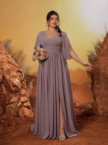 Mgiacy V-Neck Handmade Pleated Mid-Length Backless Tied Elegant Bridesmaid Formal Dress - Dusty Pink - View 1