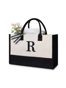 字母帆布手提袋，带化妆包，个性化礼品袋，适合婚礼、生日、海滩、度假、上学等场合，是送给女性、妈妈、老师、朋友、伴娘、学生的绝佳礼物。大容量手提袋，简约宽敞，便携休闲收纳袋，多功能购物袋，全新设计，容量大，是购物的理想之选，也可作为单肩包使用。 - 黑與白 - 查看 42
