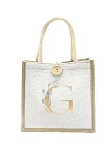 Túi vải lanh, Túi vải lanh họa tiết hoa nhí trang trí nút, Túi xách cỡ lớn tối giản, Túi đựng đồ tiện dụng, Túi mua sắm đa năng, Chữ A-Z lá xanh mạ vàng, Thiết kế mới, Dung tích lớn, Lý tưởng cho mua sắm, Túi đeo vai, Túi xách tay, Túi đựng cơm trưa, Hộp cơm trưa, Phù hợp cho nữ, Phiên bản năm mới - trắng - Xem 15