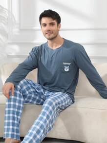 QIANNIANMA 2 件男士睡衣套装，长袖衬衫和裤子，圆领宽松休闲睡衣，适合年轻人，春秋季 - 藍色 - 查看 5