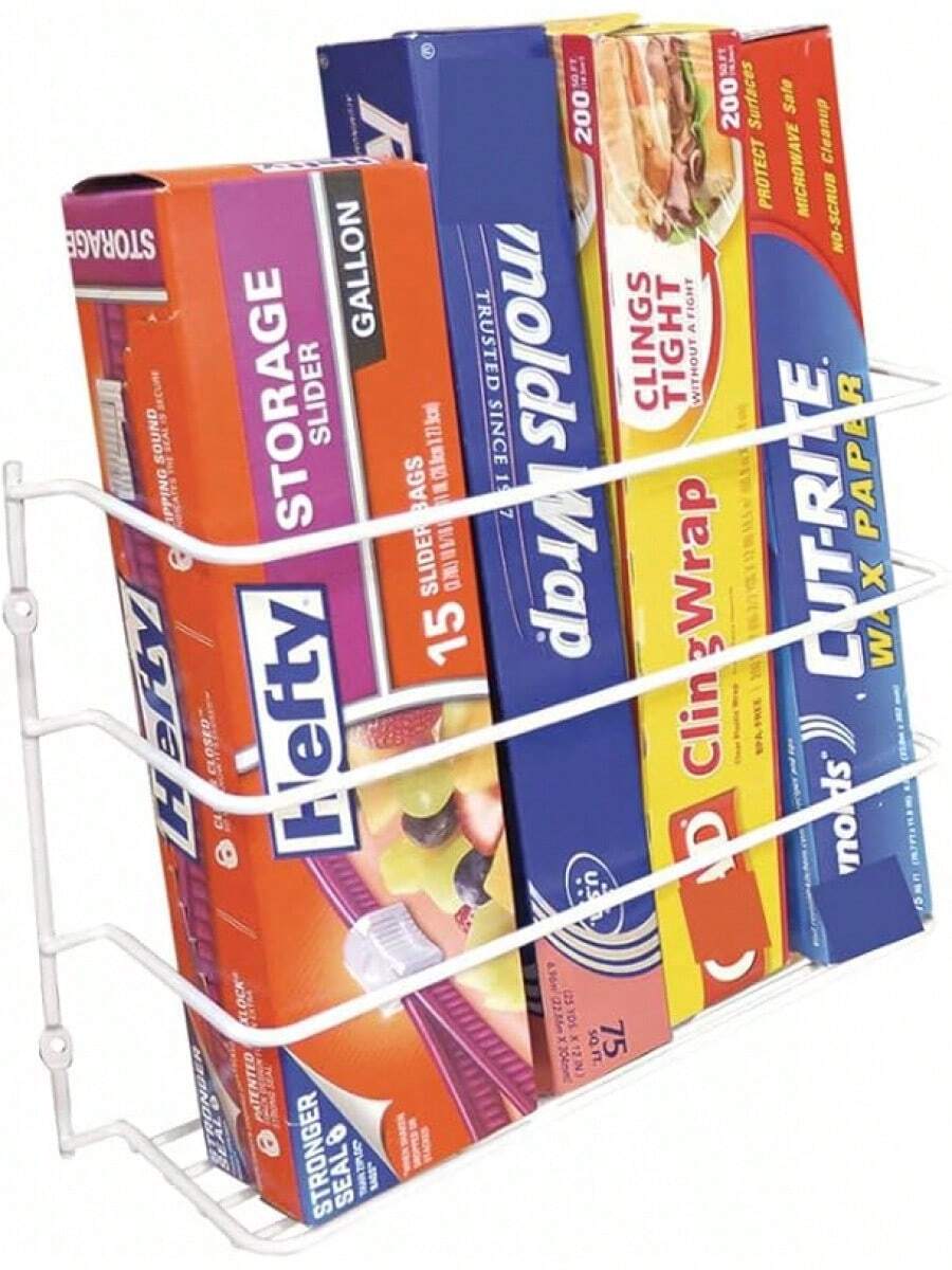 Kitchen Wrap Organizer  Hold Up  Foil, Paper, Wax - Cabinet Door, Wall Rack Basket - Sandwich, Freezer, Food Bag Storage - Laundry Supplies - Plastic Coated Metal - White - View 1