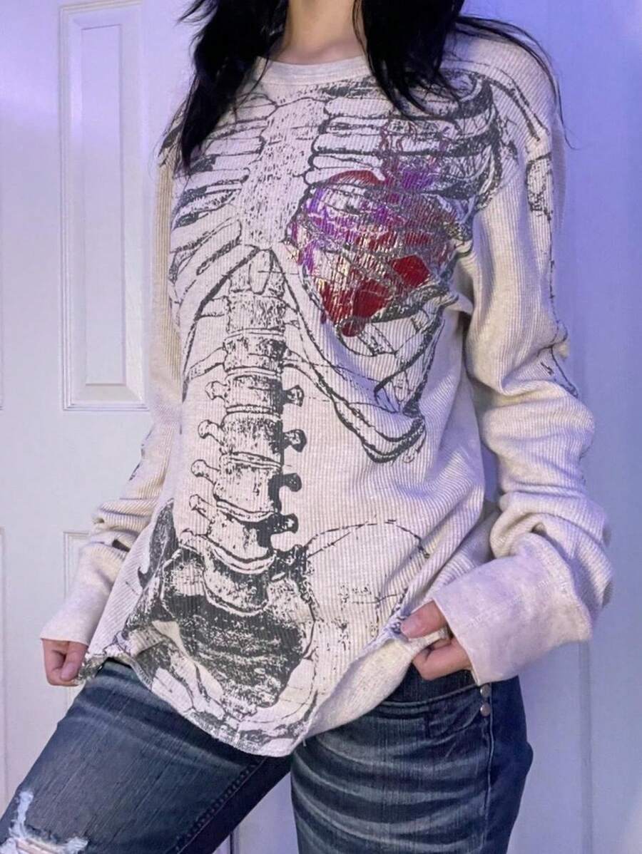 Womens Y2K Fairy Grunge Shirt Top Goth Skeleton Print Long Sleeve Round Neck Loose Fit T Shirts Vintage Skull Graphic Gothic Tee Shirts Tops Aesthetic Gothic Harajuku Tops Teen Girls Emo 90s Tops Streetwear Halloween Clothes Outfits - Màu Khaki - Xem 1