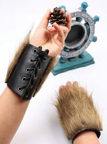 1件/2件装男女通用仿毛皮装饰仿皮腕套，蒸汽朋克铆钉臂甲，中世纪维京战士服装配饰 - A - 查看 4