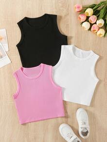 3pcs/Set Tween Girls Casual Ribbed Tank Top, Breathable & Comfortable, Spring/Summer - Multicolor - View 8