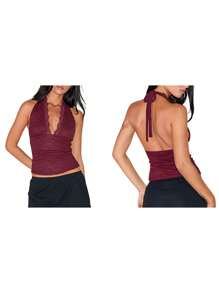 Women's Lace Tank Tops Sleeveless Halter Neck Solid Color Slim Fit Shirts Summer Tops