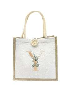 Túi vải lanh, Túi vải lanh họa tiết hoa nhí trang trí nút, Túi xách cỡ lớn tối giản, Túi đựng đồ tiện dụng, Túi mua sắm đa năng, Chữ A-Z lá xanh mạ vàng, Thiết kế mới, Dung tích lớn, Lý tưởng cho mua sắm, Túi đeo vai, Túi xách tay, Túi đựng cơm trưa, Hộp cơm trưa, Phù hợp cho nữ, Phiên bản năm mới - trắng - Xem 28