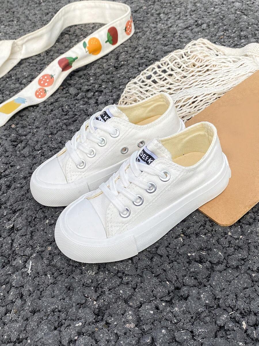 White Canvas Shoes, Toddler Mid-Top Basketball Shoes, Children's Casual Canvas Sneakers, Korean Style, Simple Design, Suitable For Boys & Girls, Spring/Autumn, Low-Top Lace-Up Vulcanized Shoes, Classic Low-Top Canvas Shoes, Fashionable & Versatile Casual Sports Skateboarding Shoes For Kids - White - View 1