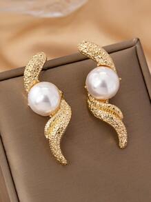 1 Pair Luxury Chic Pearl Stud Earrings, Suitable For Daily Wear - Yellow Gold - View 5