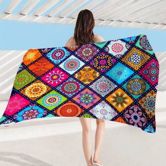 1pc Microfiber Beach Towel, Super Absorbent Beach Towel, Travel & Beach Towel For Swimming Pool, Bathroom, Camping, Yoga, Featuring Vibrant Mandala Pattern - Quick Dry, Non-Stick Sand, Machine Washable Summer Holiday Bathroom Decor Beach Essentials