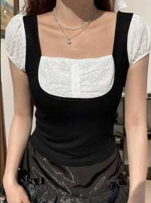 Women Y2k Fairycore Grunge Shirt Tops Short Sleeve Square Neck Fake Two-Piece T-Shirt  Slim Fit Cottagecore Going Out Crop Tees Tops Teen Girl Aesthetic Clothes - màu đen - Xem 5