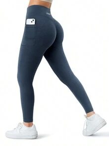 A AGROSTE Women Seamless Workout Leggings With Pockets Scrunch Butt Lifting Gym Leggings High Waisted Yoga Pants - 藏蓝色 - 查看 1