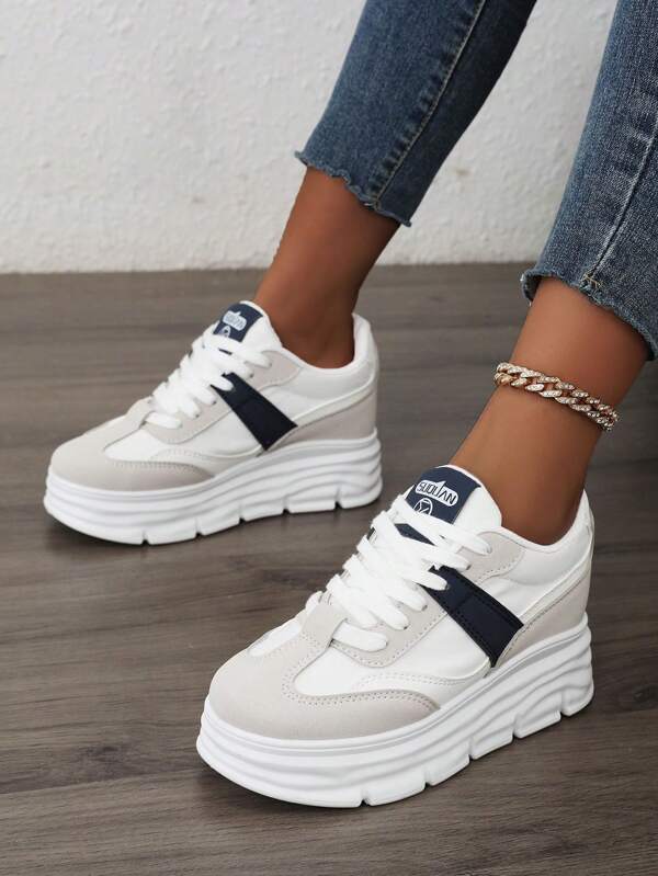 1 Pair Women's Casual Sneakers With Thick Sole, Fashionable Appearance, Lace-Up Closure, 7cm Height Increase, Suitable For Petite Women