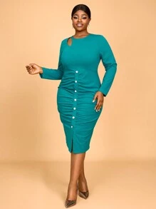 Plus Size Spring Green Easter Asymmetric Hollow Out Long Sleeve Ruched Button Front Bodycon Work Dresses For Birthday, Wedding Guest, Graduation, Dinner, Homecoming - Green - View 5