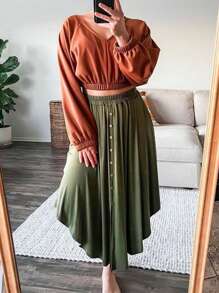 Plus Size Women Plain Elastic Waist Buttons Down Skirt Ladies Pockets Asymmetrical Irregular Ruffle Casual Loose Baggy Party Maxi Long Dress - Army Green - View 3