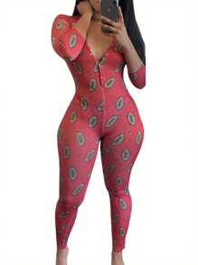 Womens Long Sleeve Jumpsuit, Deep V Neck Button Front Romper Fashion Rugby Print Loungewear - Black - View 3